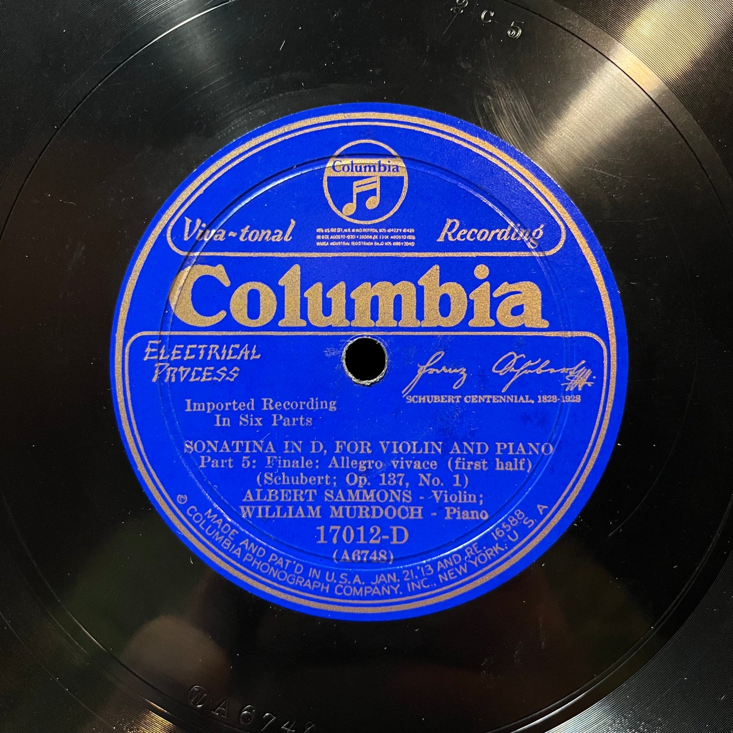 WILLIAM MURDOCH / ALBERT SAMMONS - SONATA IN D / SCHUBERT OP 137 (78RPM 10") 17012-D COLUMBIA | Near Mint (NM or M-) Generic-