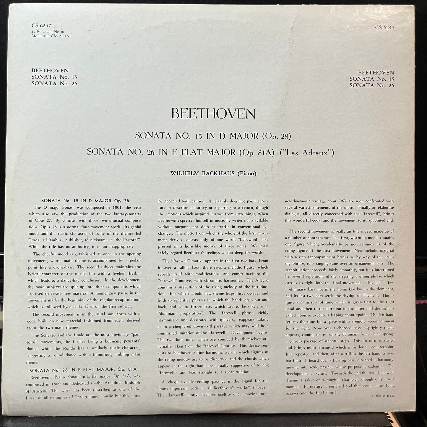 Ludwig van Beethoven, Wilhelm Backhaus - Beethoven: Sonata No. 15 and 26. Wilhelm Backhaus, Piano (VINYL LP LONDON CS 6247 1962) | Near Mint (NM or M-) Near Mint (NM)-