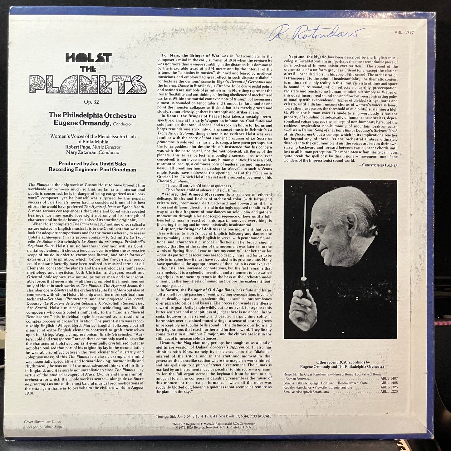 Gustav Holst - Eugene Ormandy, The Philadelphia Or - The Planets (VINYL LP RCA RED SEAL ARLI-1797 1976) | Near Mint (NM or M-) Near Mint (NM)-