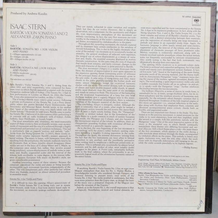 Isaac Stern, Bela Bartok, Alexander Zakin - Violin Sonata 1 And 2 (VINYL) | Near Mint (NM or M-) Very Good Plus (VG+)-