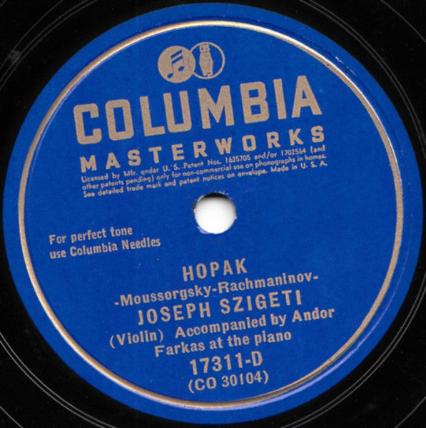 Joseph Szigeti - Aubade / Hopak (78RPM 10") COLUMBIA 17311 | Near Mint (NM or M-) Generic-