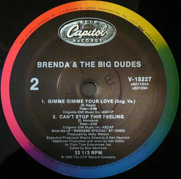 Brenda & The Big Dudes - Gimme Gimme Your Love / Can't Stop This Feeling | Mint (M) Generic-