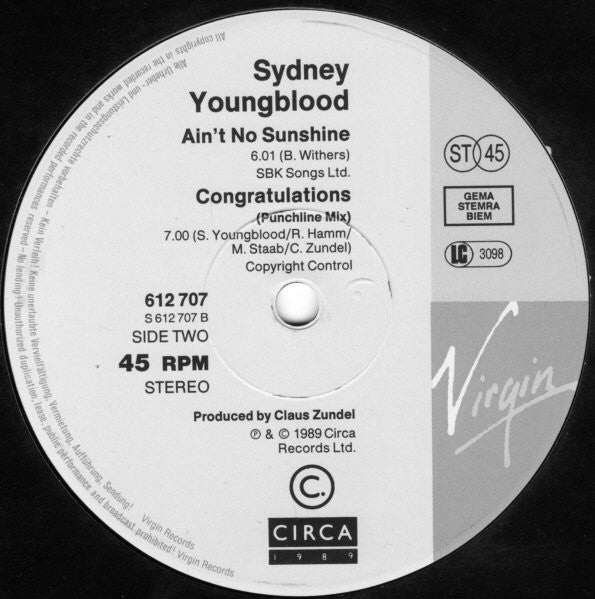 Sydney Youngblood - If Only I Could / Ain't No Sunshine / Congratulations | Very Good (VG) Good Plus (G+)-