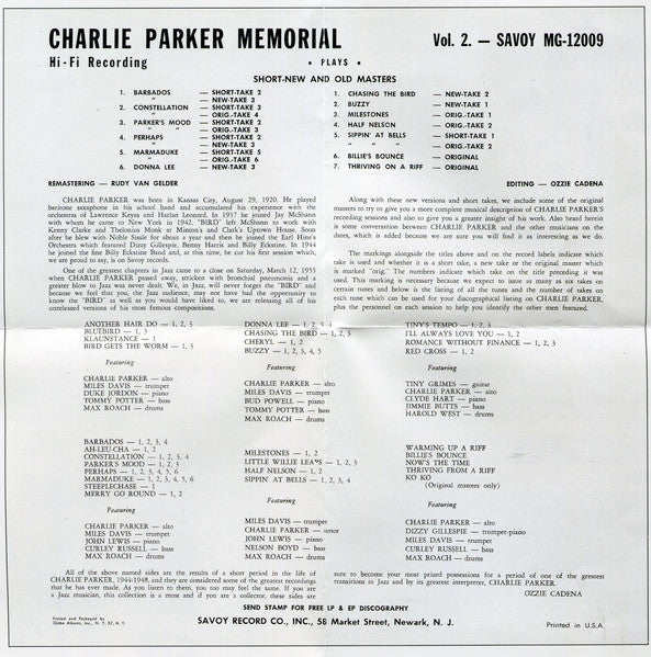 Charlie Parker - Charlie Parker Memorial Vol. 2 (CD) | Near Mint (NM or M-) Good Plus (G+)-