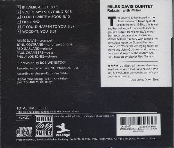 The Miles Davis Quintet - Relaxin' With The Miles Davis Quintet (CD) | Near Mint (NM) Excellent+ (EX+)-
