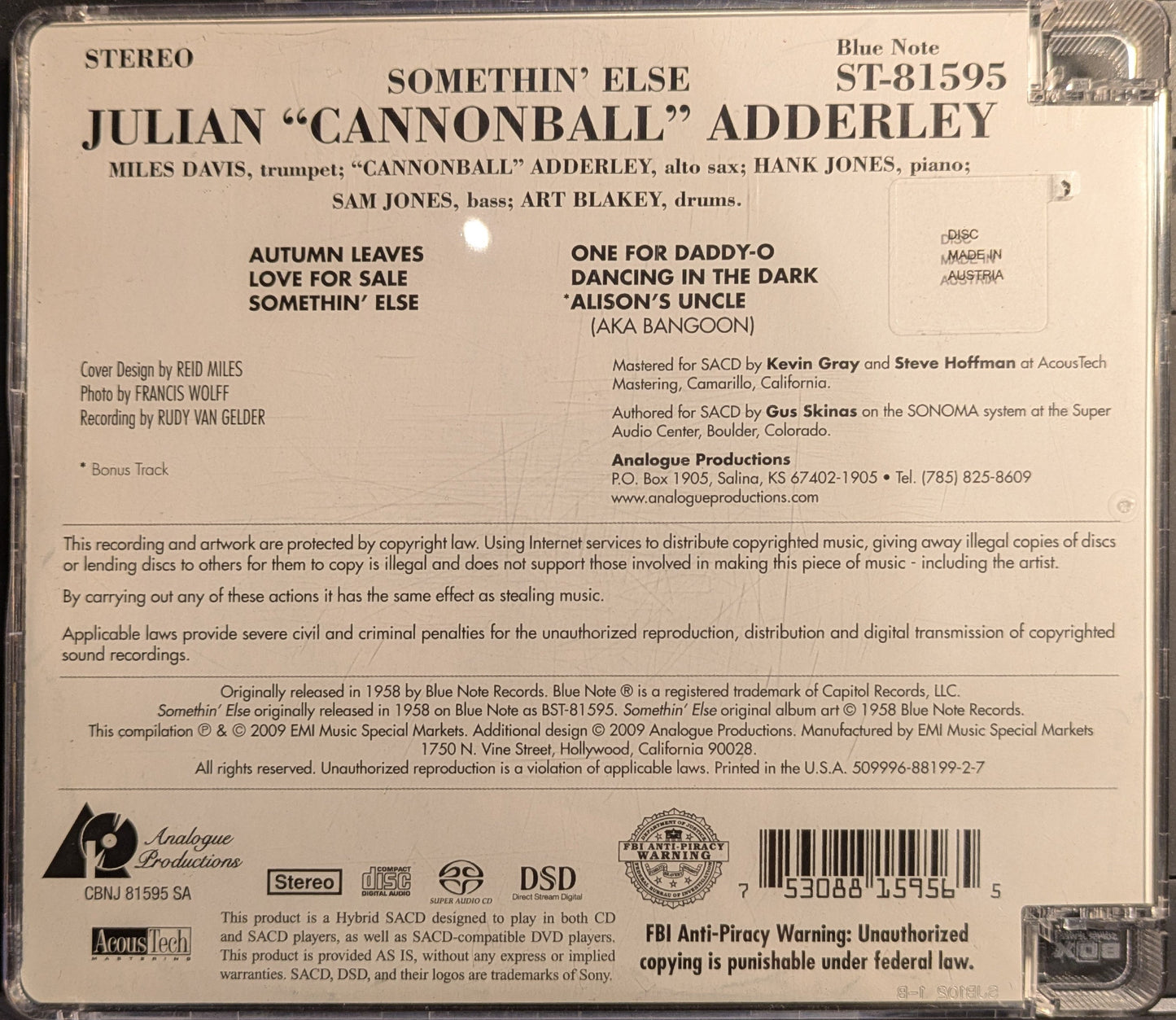 Cannonball Adderley - Somethin' Else (SACD) | Near Mint (NM) Near Mint (NM)-