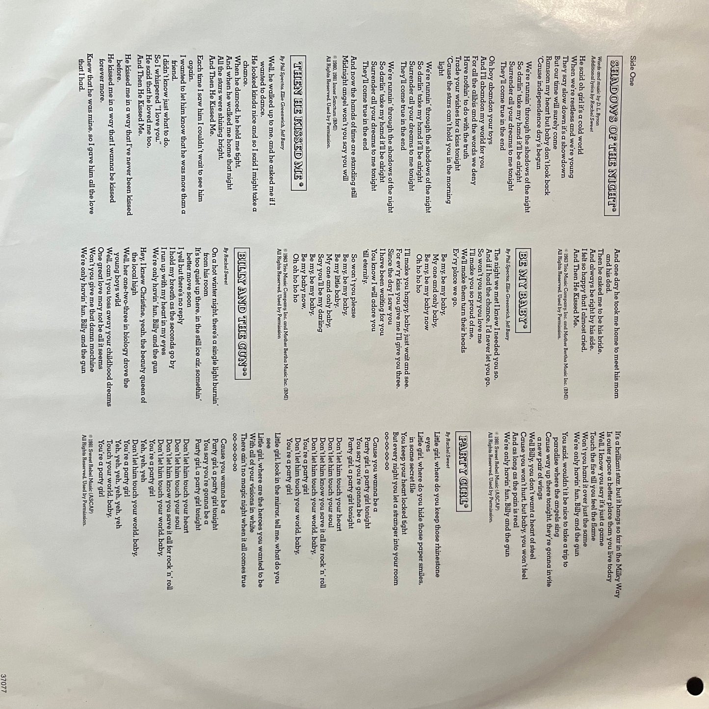 Rachel Sweet - ...And Then He Kissed Me (VINYL LP COLUMBIA ARC 37077 1981) | USED Near Mint (NM or M-) Near Mint (NM)--