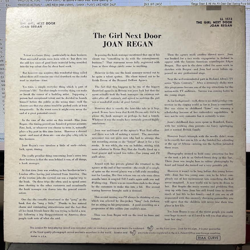 Joan Regan - Just Joan / The Girl Next Door (VINYL) | Very Good (VG) Excellent (EX)--