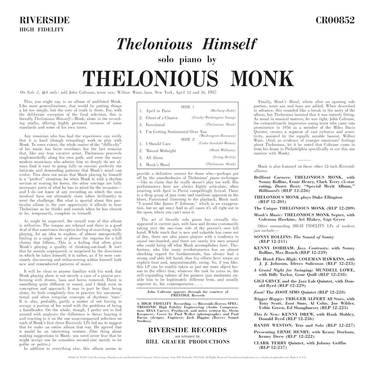 Thelonious Monk - Thelonious Himself (Original Jazz Classics Series) (180 Gram Vinyl) |-