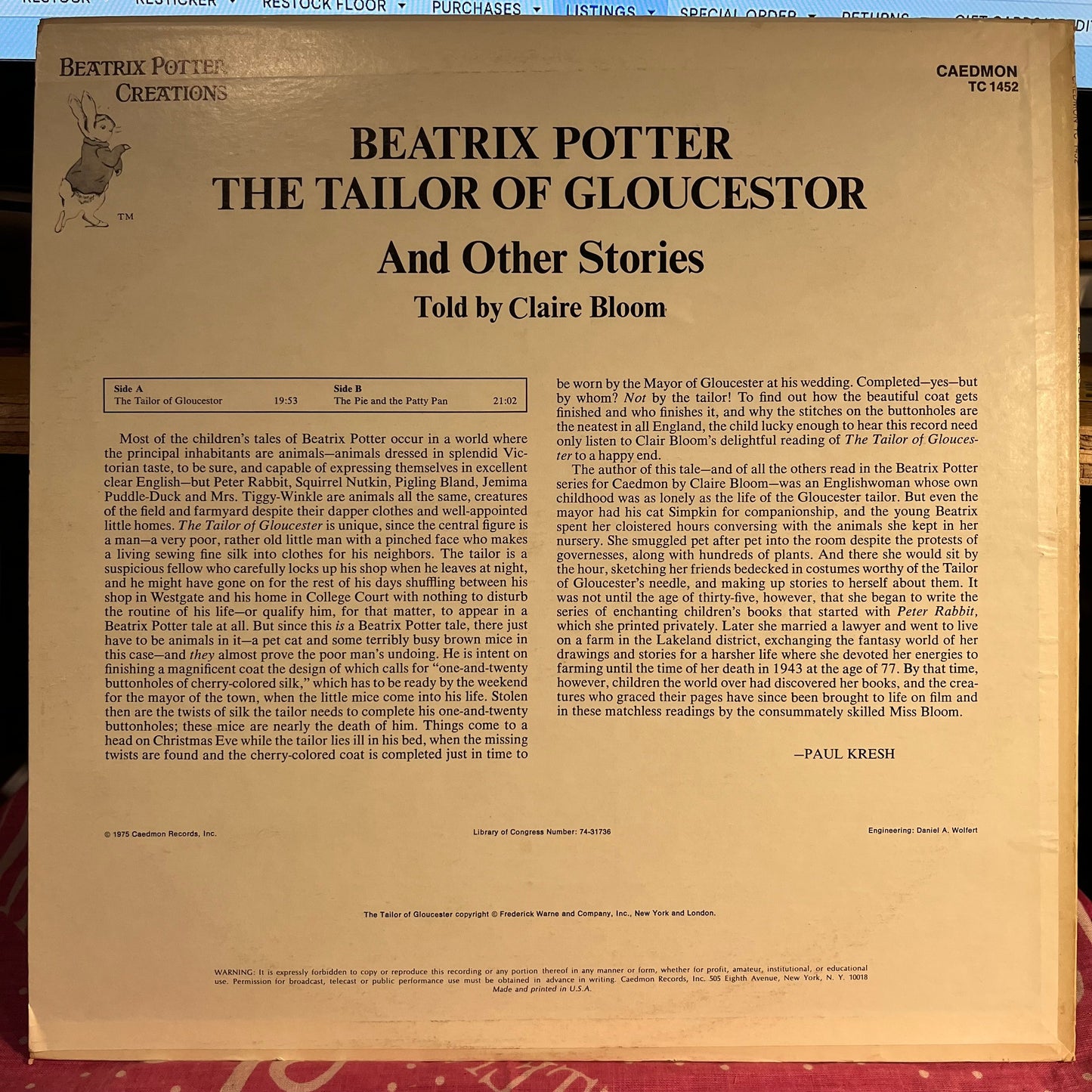 Claire Bloom - The Tailor Of Gloucester And Other Stories | Near Mint (NM) Excellent (EX)-