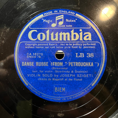 Joseph Szigeti - DANSE RUSSE / NORWEGIAN SONG / GAVOTTE (78RPM 10") COLUMBIA LP 38 UK | Excellent+ (EX+) Generic-
