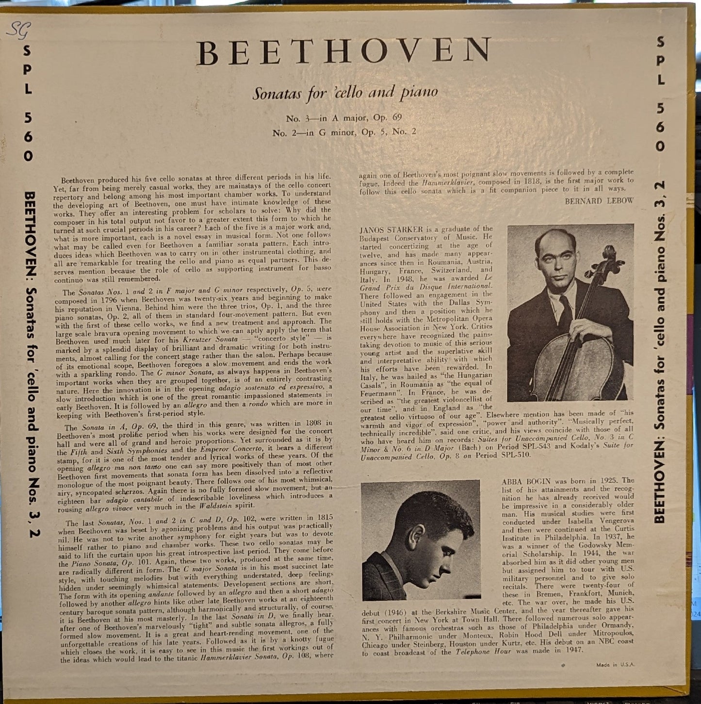 Ludwig van Beethoven - Sonatas For 'Cello and Piano | Excellent (EX) Near Mint (NM)-
