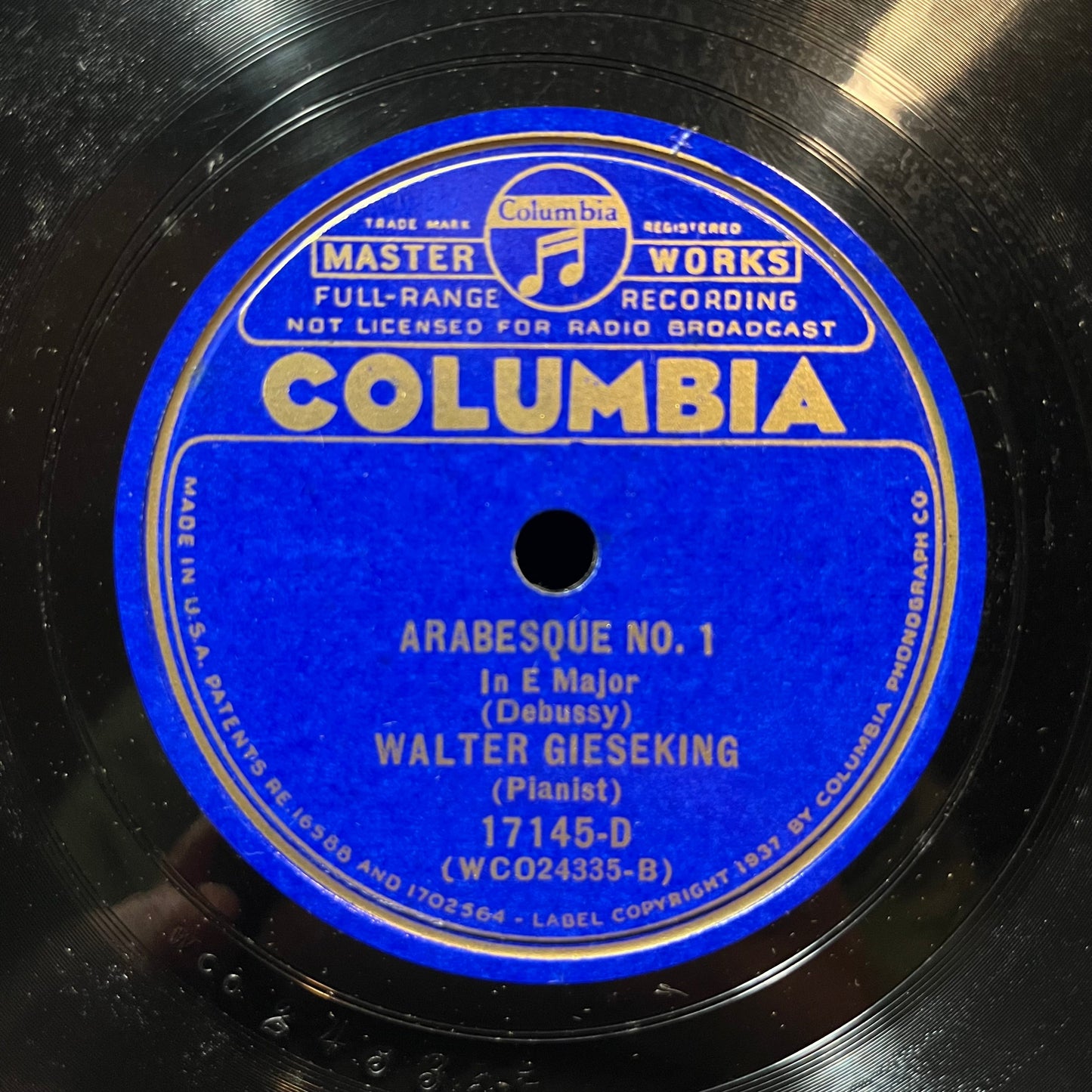 WALTER GIESEKING - ARABESQUE NO. 1 & 2 (78RPM 10") 17145 COLUMBIA | Excellent+ (EX+) Generic-