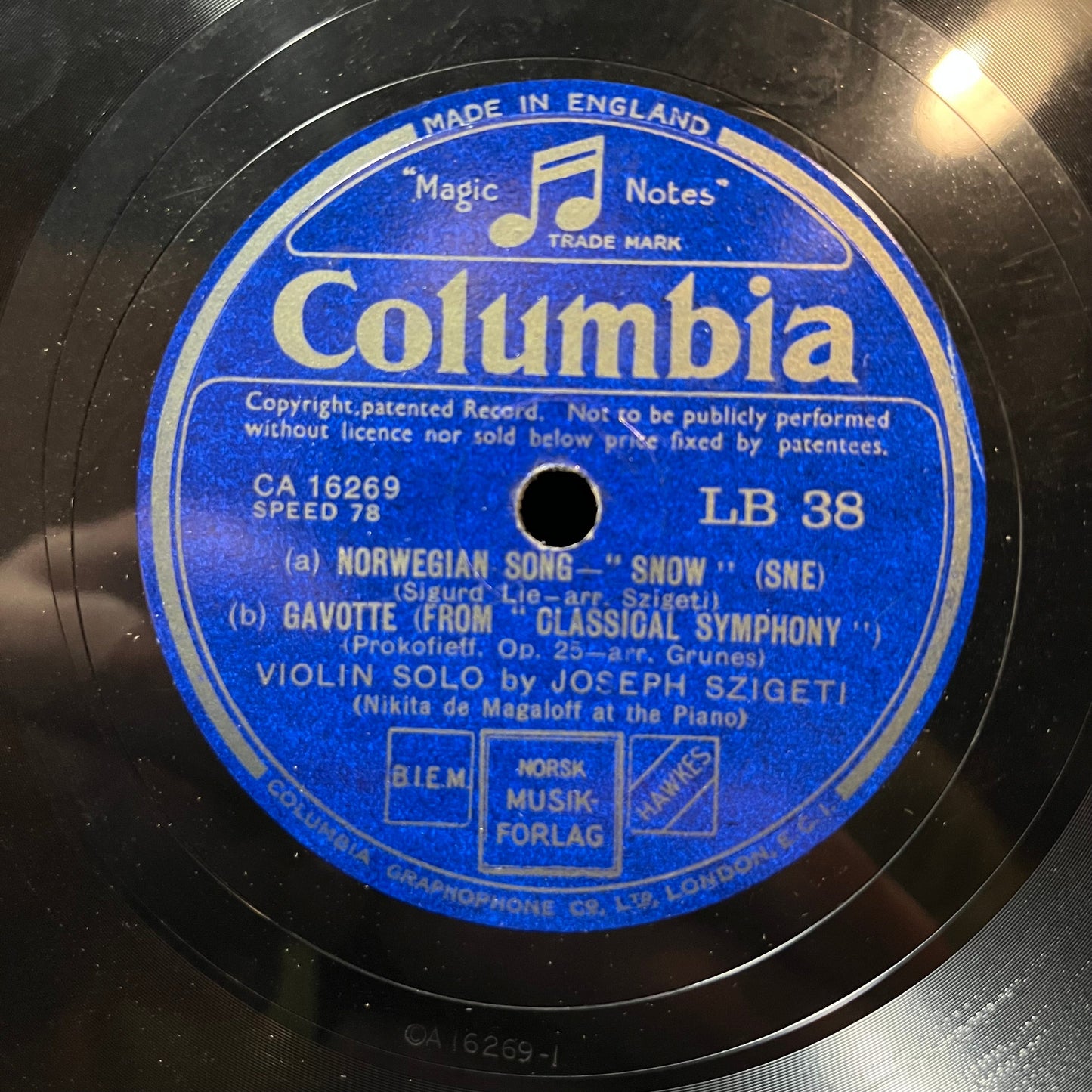 Joseph Szigeti - DANSE RUSSE / NORWEGIAN SONG / GAVOTTE (78RPM 10") COLUMBIA LP 38 UK | Excellent+ (EX+) Generic-