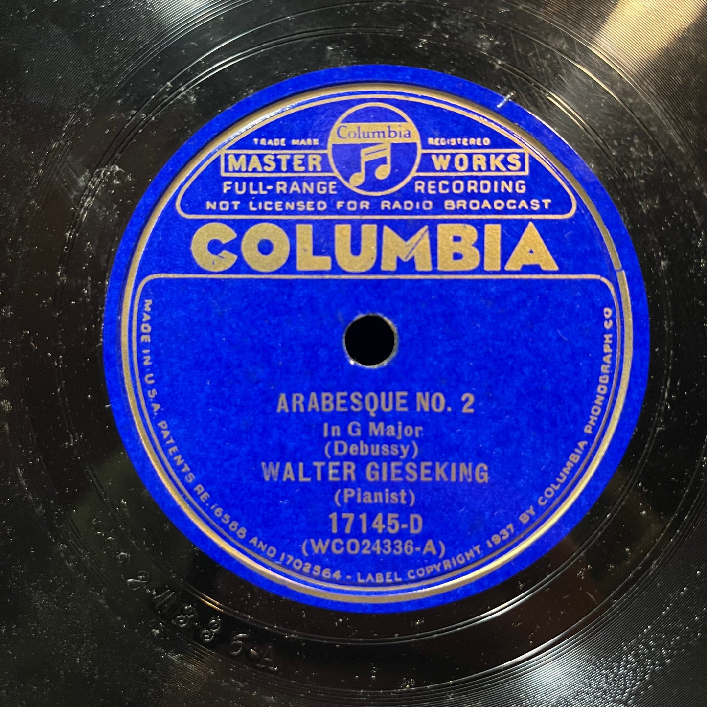 WALTER GIESEKING - ARABESQUE NO. 1 & 2 (78RPM 10") 17145 COLUMBIA | Excellent+ (EX+) Generic-