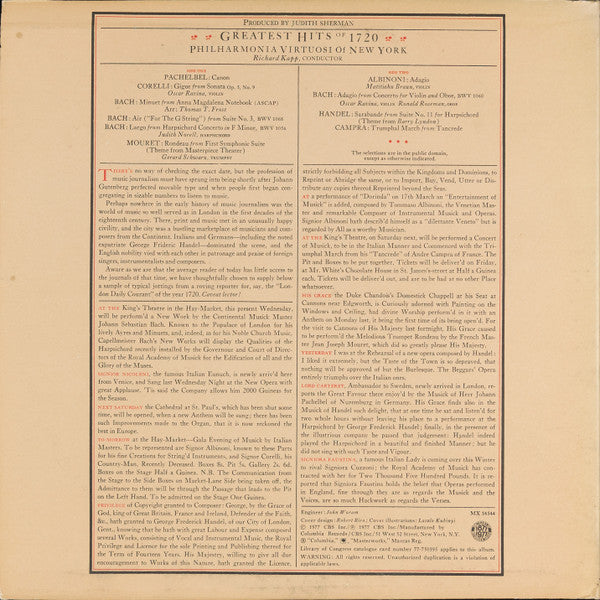 Philharmonia Virtuosi - Greatest Hits Of 1720 *REPRESS* | Very Good Plus (VG+) Excellent (EX)-