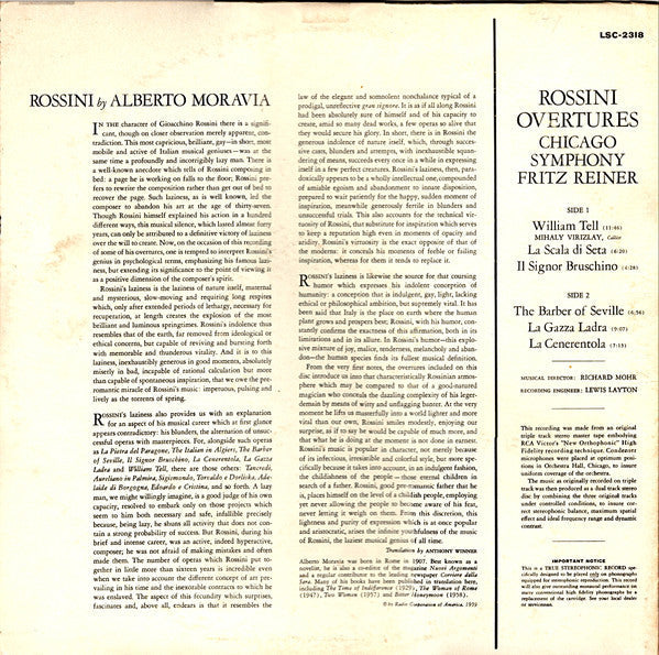 Gioacchino Rossini - Rossini Overtures (VINYL LP RCA Victor Red Seal – LSC-2318) | USED Excellent (EX)-