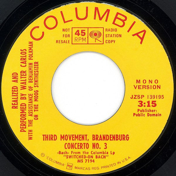 Walter Carlos - Third Movement, Brandenburg Concerto No. 3 (7" VINYL) | Excellent (EX) Generic-