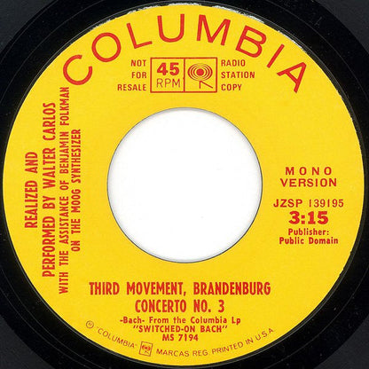 Walter Carlos - Third Movement, Brandenburg Concerto No. 3 (7" VINYL) | Excellent (EX) Generic-