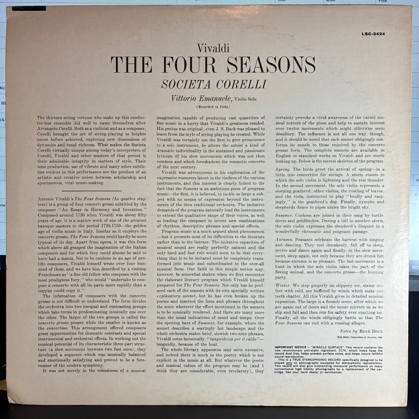 Antonio Vivaldi - The Four Seasons (VINYL LP RCA VICTOR RED SEAL ‎LSC-2424 1960) | USED Excellent (EX) Excellent+ (EX+)-