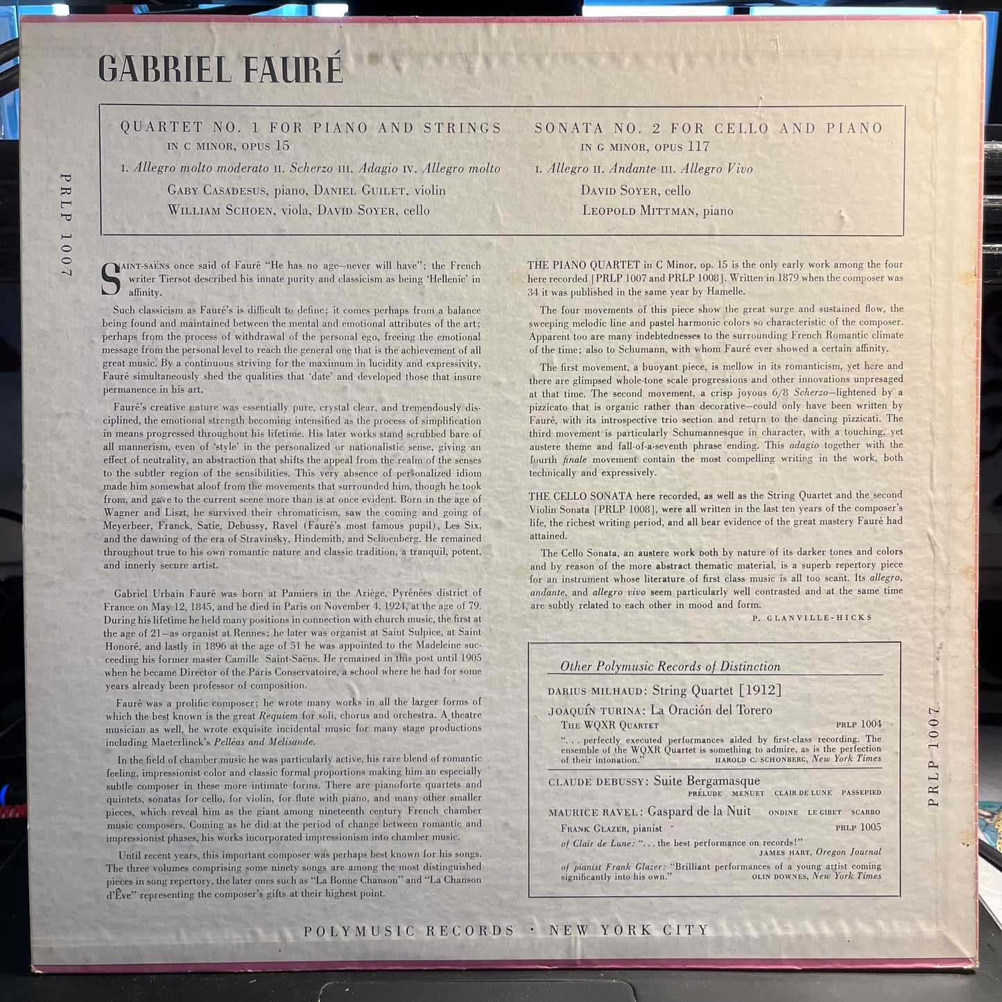 Gabriel Fauré - Quartet No. 1 For Piano And Strings In C Minor, Opus 15 / Sonata No. 2 For Cello And Piano In G Minor, Opus 117 | Excellent (EX) Very Good Plus (VG+)-