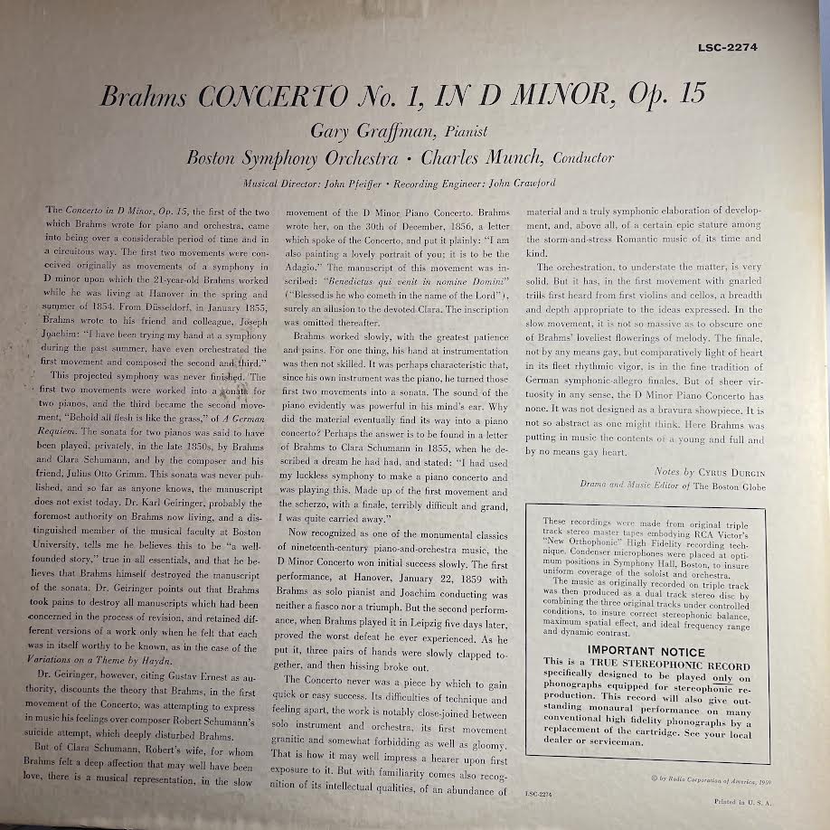 Johannes Brahms - Concerto No. 1 (VINYL) | Excellent (EX) Excellent (EX)-