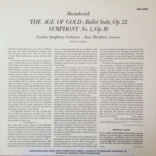 Dmitri Shostakovich - The Age Of Gold Ballet Suite And Symphony No. 1 (VINYL) | Mint (M) Excellent+ (EX+)-