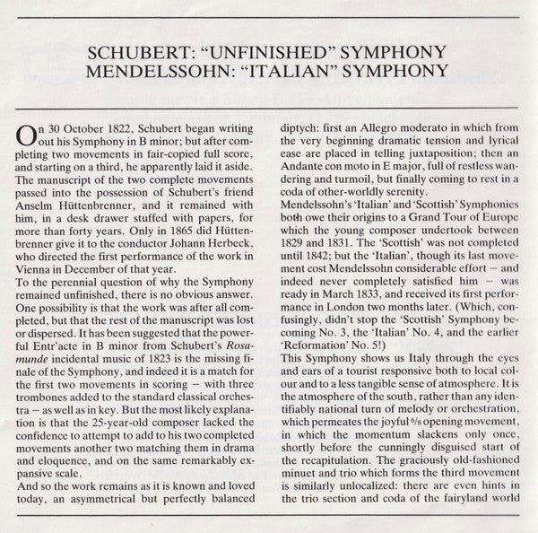 Felix Mendelssohn-Bartholdy - Schubert: Symphony No.8 "Unfinished" / Mendelssohn: Symphony No.4 "Italian" (CD) | Near Mint (NM) Near Mint (NM)-