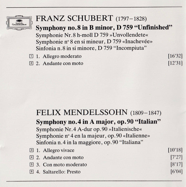 Felix Mendelssohn-Bartholdy - Schubert: Symphony No.8 "Unfinished" / Mendelssohn: Symphony No.4 "Italian" (CD) | Near Mint (NM) Near Mint (NM)-