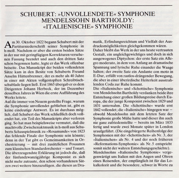 Felix Mendelssohn-Bartholdy - Schubert: Symphony No.8 "Unfinished" / Mendelssohn: Symphony No.4 "Italian" (CD) | Near Mint (NM) Near Mint (NM)-