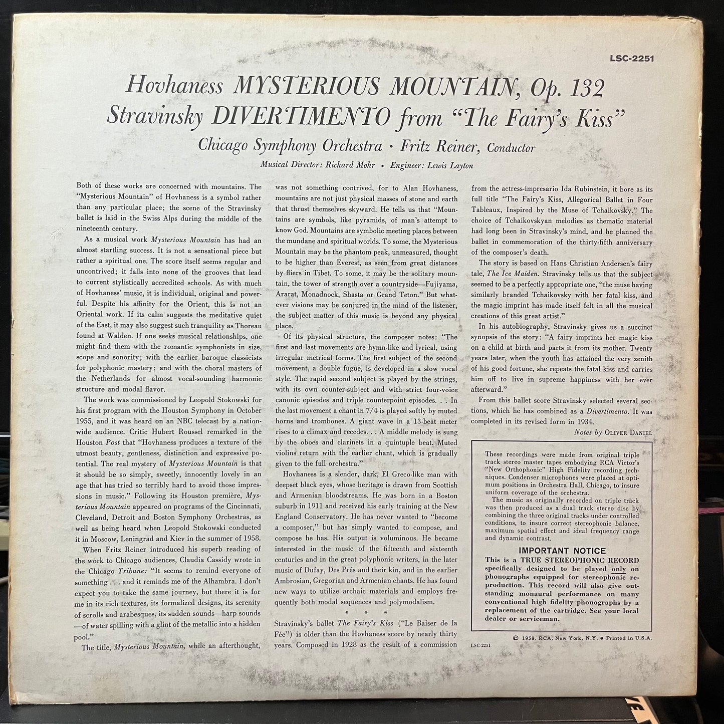 Hovhaness* / Stravinsky* - Chicago Symphony Orches - Mysterious Mountain / Divertimento (From The Fairy's Kiss) (VINYL LP RCA RED SEAL LSC 2251) | Near Mint- (NM-) Excellent (EX)-