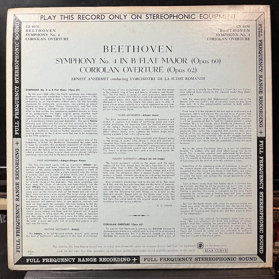 Ludwig van Beethoven - Symphony No. 4 In B Flat Major Opus 60 + Overture "Coriolan" Op. 62 (VINYL) | Near Mint- (NM-) Near Mint- (NM-)-