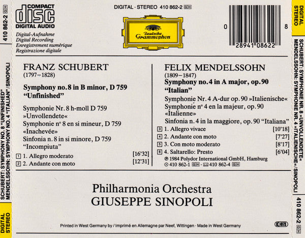 Felix Mendelssohn-Bartholdy - Schubert: Symphony No.8 "Unfinished" / Mendelssohn: Symphony No.4 "Italian" (CD) | Near Mint (NM) Near Mint (NM)-