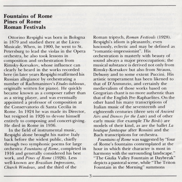 Ottorino Respighi - Pines Of Rome • Fountains Of Rome • Feste Romane (CD) | Near Mint (NM) Near Mint (NM)-