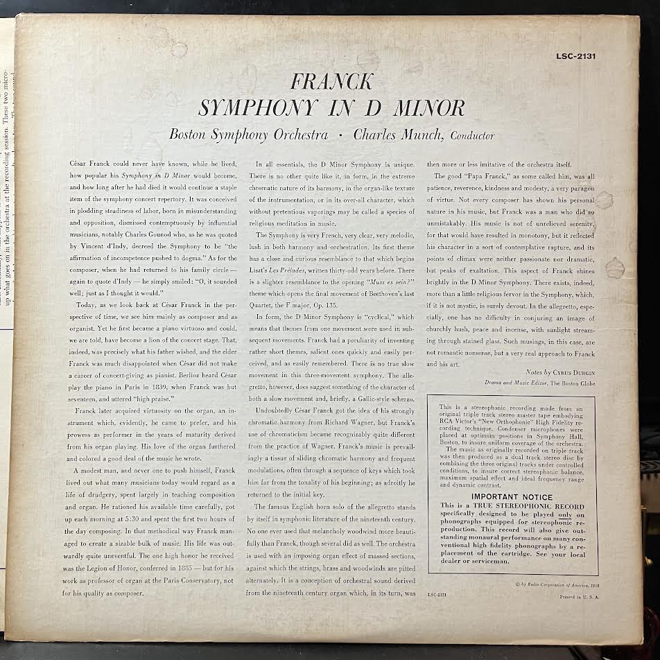 César Franck - Symphony In D Minor (VINYL) | Near Mint- (NM-) Excellent+ (EX+)-