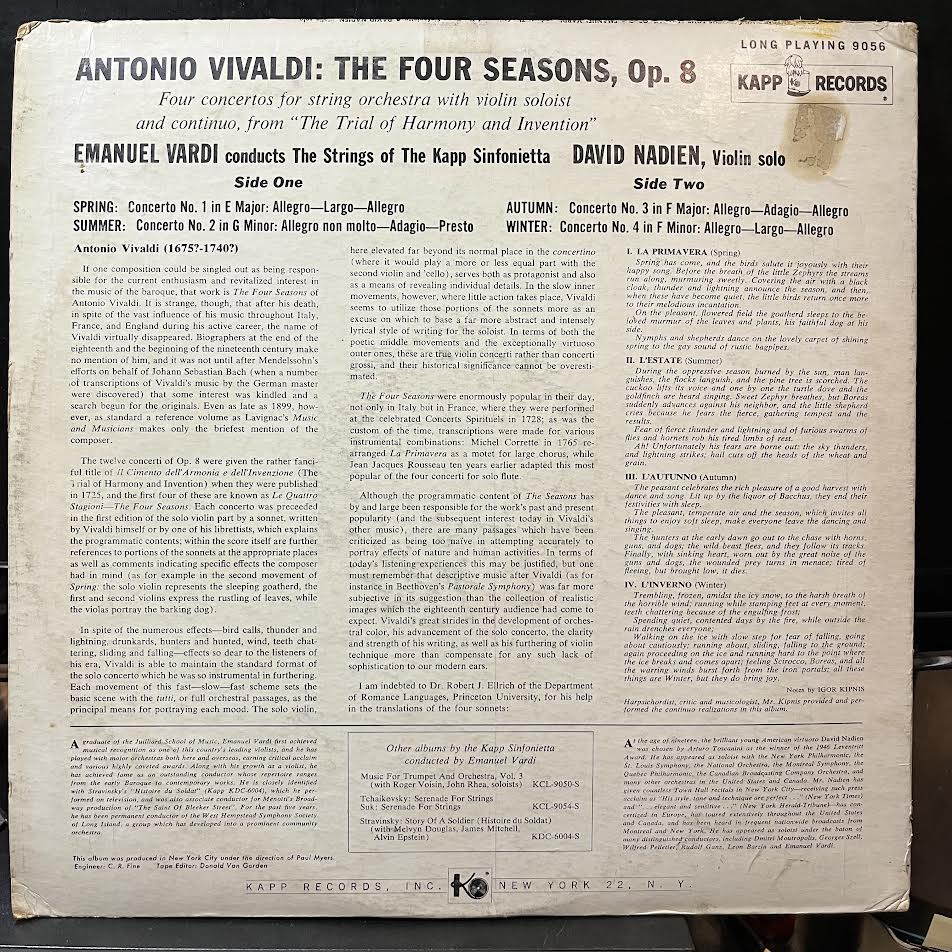 Antonio Vivaldi - The Four Seasons (VINYL) | Near Mint- (NM-) Excellent (EX)-