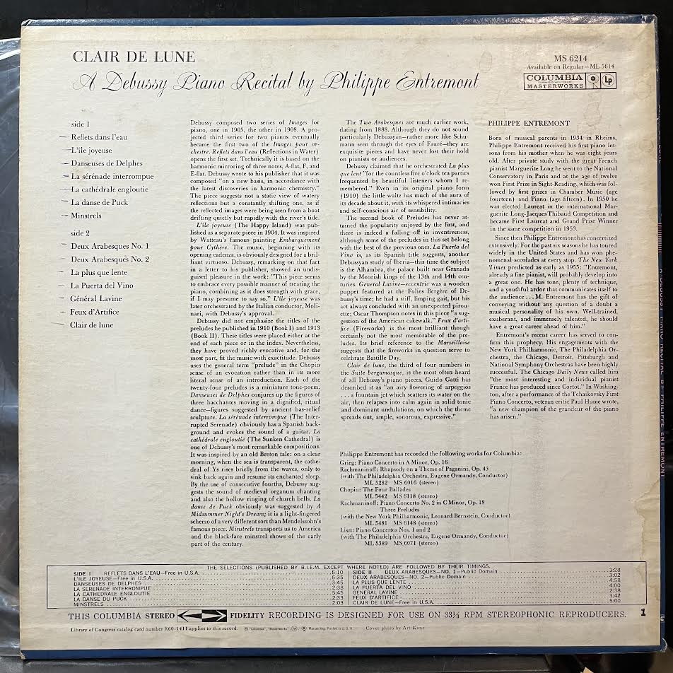 Claude Debussy - Clair De Lune (A Debussy Piano Recital By Philippe Entremont) (VINYL) | Near Mint (NM) Excellent+ (EX+)-