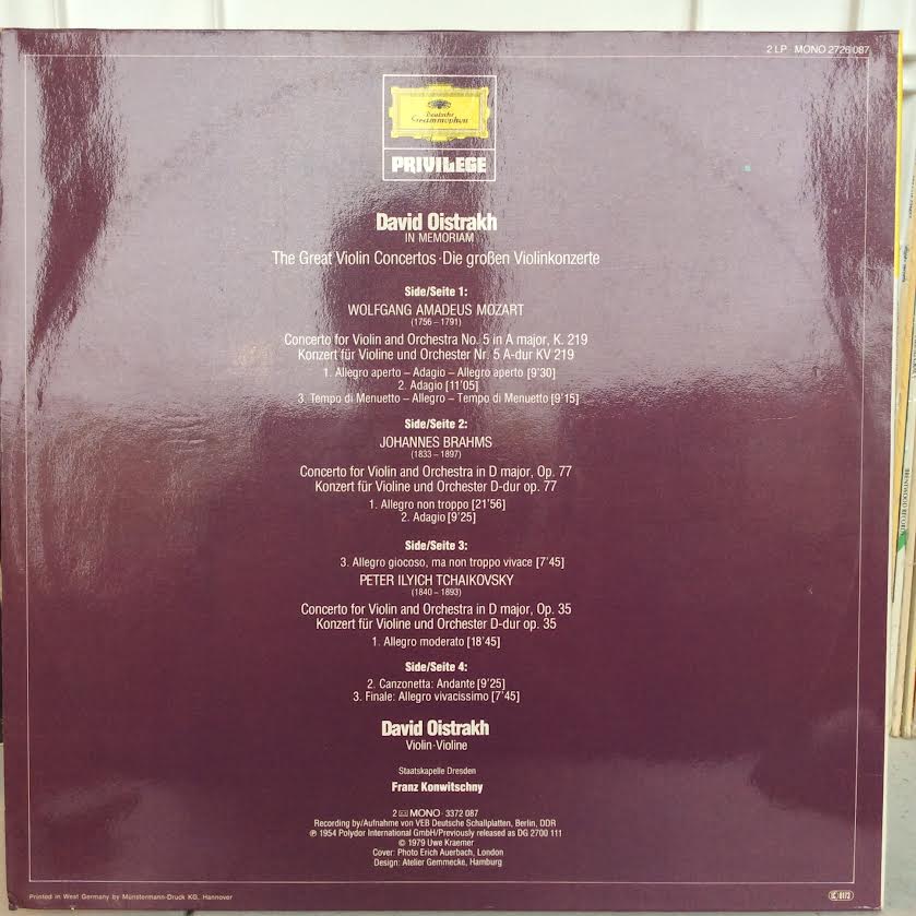 David Oistrach, Wolfgang Amadeus Mozart, Johannes - The Great Violin Concertos. Mozart . Brahms . Tchaikovsky (2xVINYL) | Near Mint (NM or M-)-