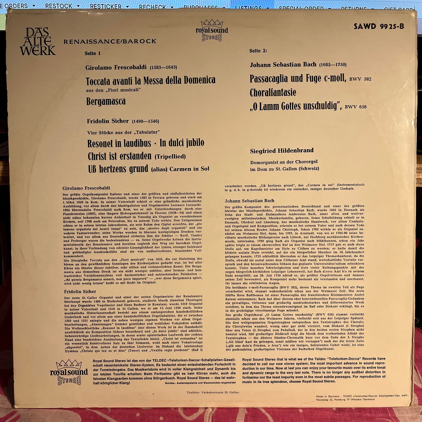 Girolamo Frescobaldi - Die Alte Orgel Im Dom Zu St. Gallen/Schweiz | Near Mint (NM) Near Mint (NM)-