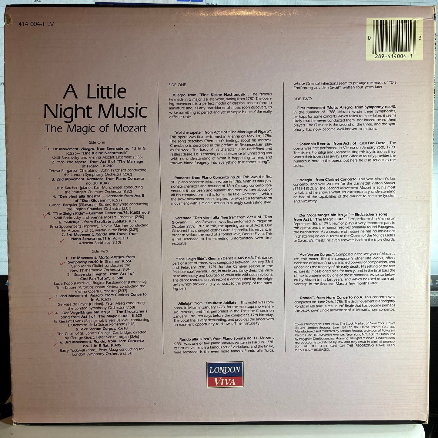 Vienna Mozart Academy - A Little Night Music, The Magic Of Mozart (VINYL) | Near Mint (NM or M-) Very Good Plus (VG+)-