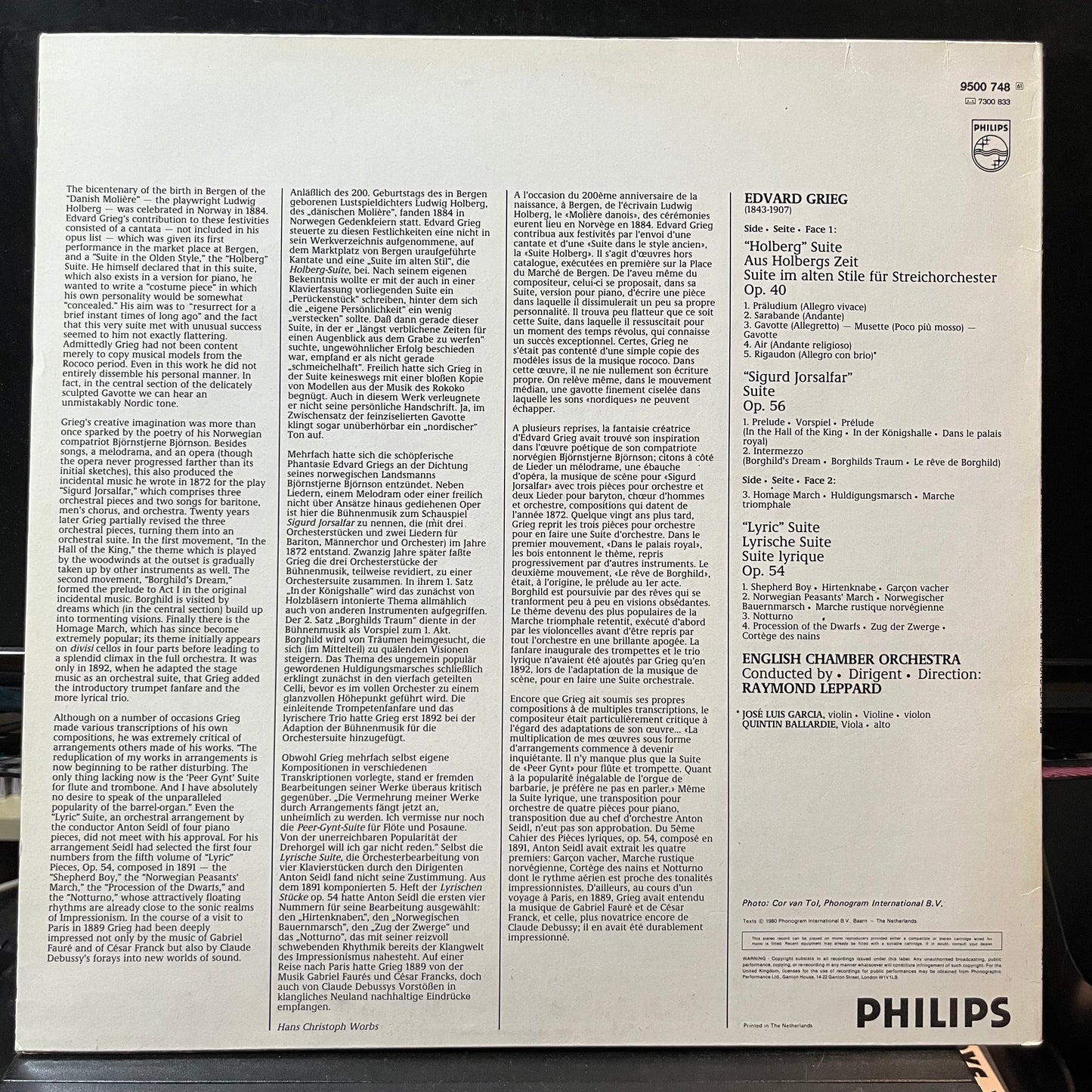 Grieg*, English Chamber Orchestra, Raymond Leppard - Holberg Suite / Sigurd Jorsalfar & Lyric Suites (VINYL LP PHILIPS 9500 748 1980) | Near Mint (NM or M-) Near Mint (NM)-