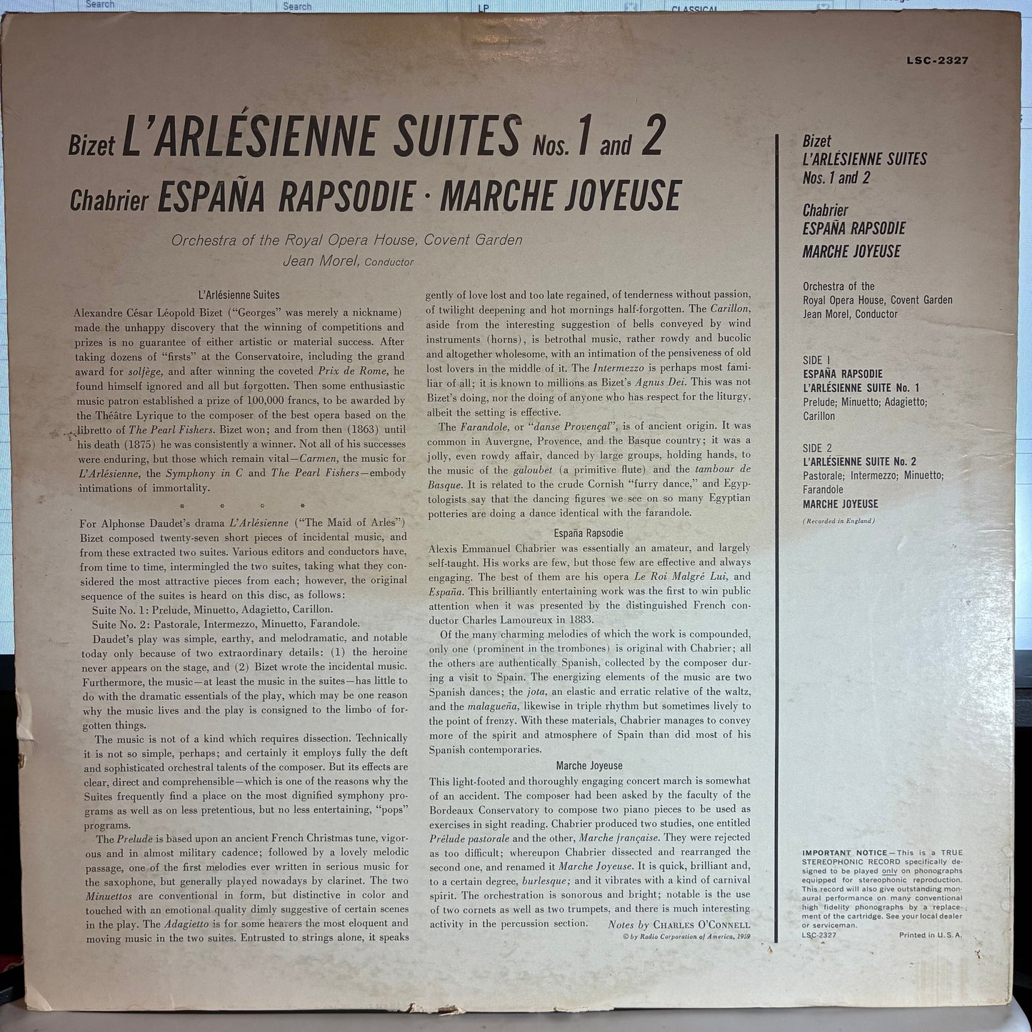 Georges Bizet - L'Arlésienne Suites 1 And 2 / España Rapsodie / Marche Joyeuse (VINYL) | Near Mint (NM or M-) Very Good Plus (VG+)-