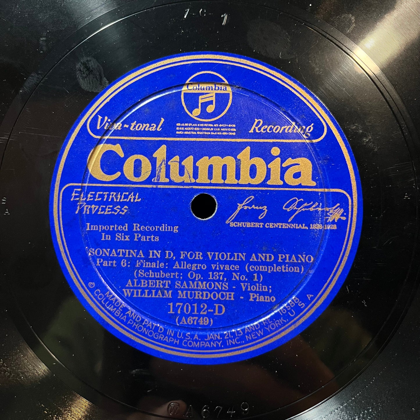 WILLIAM MURDOCH / ALBERT SAMMONS - SONATA IN D / SCHUBERT OP 137 (78RPM 10") 17012-D COLUMBIA | Near Mint (NM or M-) Generic-