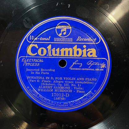 WILLIAM MURDOCH / ALBERT SAMMONS - SONATA IN D / SCHUBERT OP 137 (78RPM 10") 17012-D COLUMBIA | Near Mint (NM or M-) Generic-