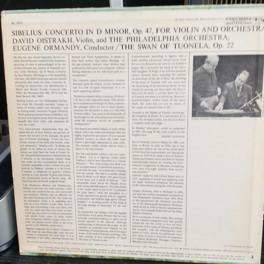 David Oistrach, The Philadelphia Orchestra, Eugene - Violin Concerto In D Minor, Op. 47 For Violin And Orchestra- Swan Of Tuonela (VINYL) | Near Mint (NM or M-)-