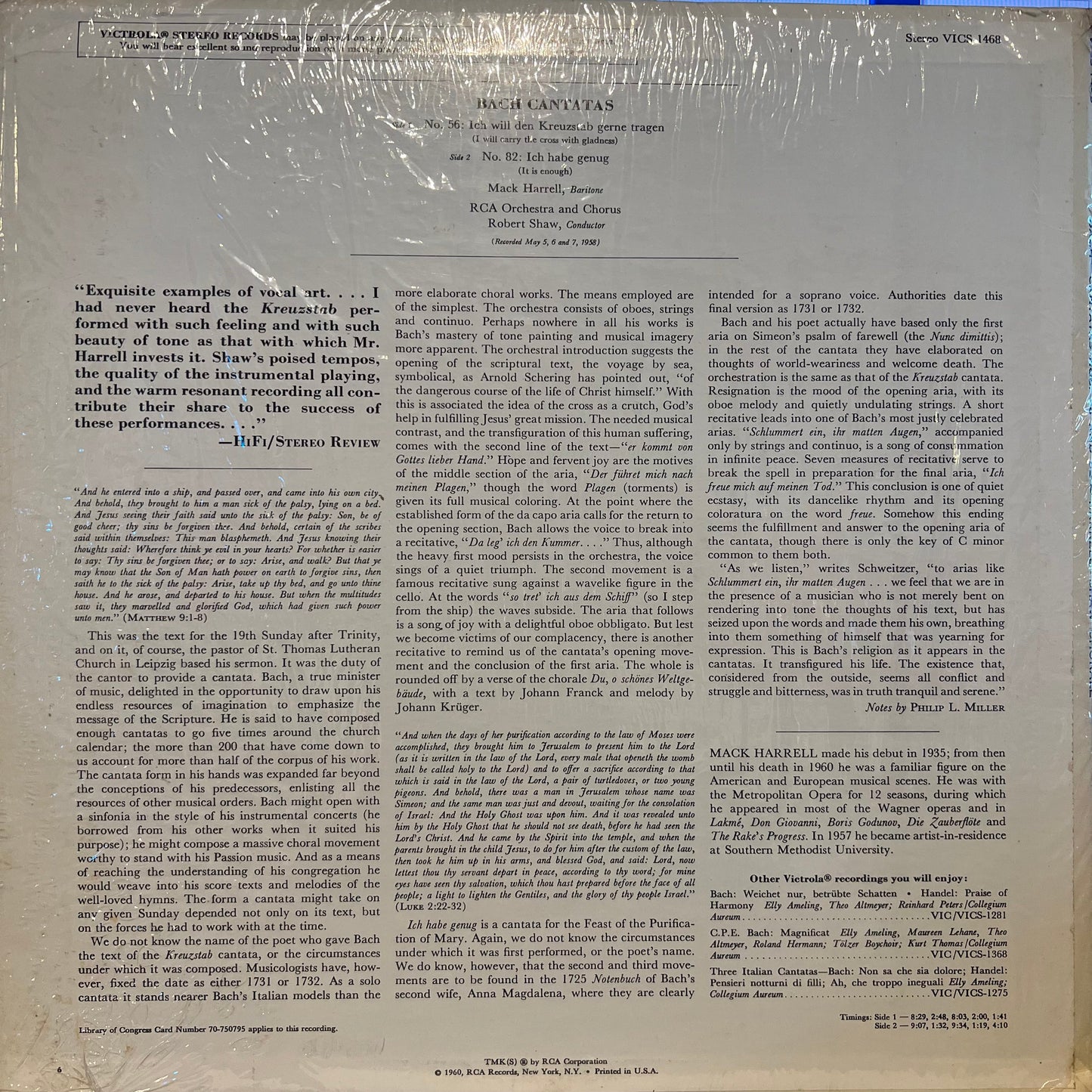 Johann Sebastian Bach - Cantatas No. 56: Ich Will Den Kreuzstab Gerne Tragen / No. 82: Ich Habe Genug | Near Mint (NM) Near Mint (NM)-
