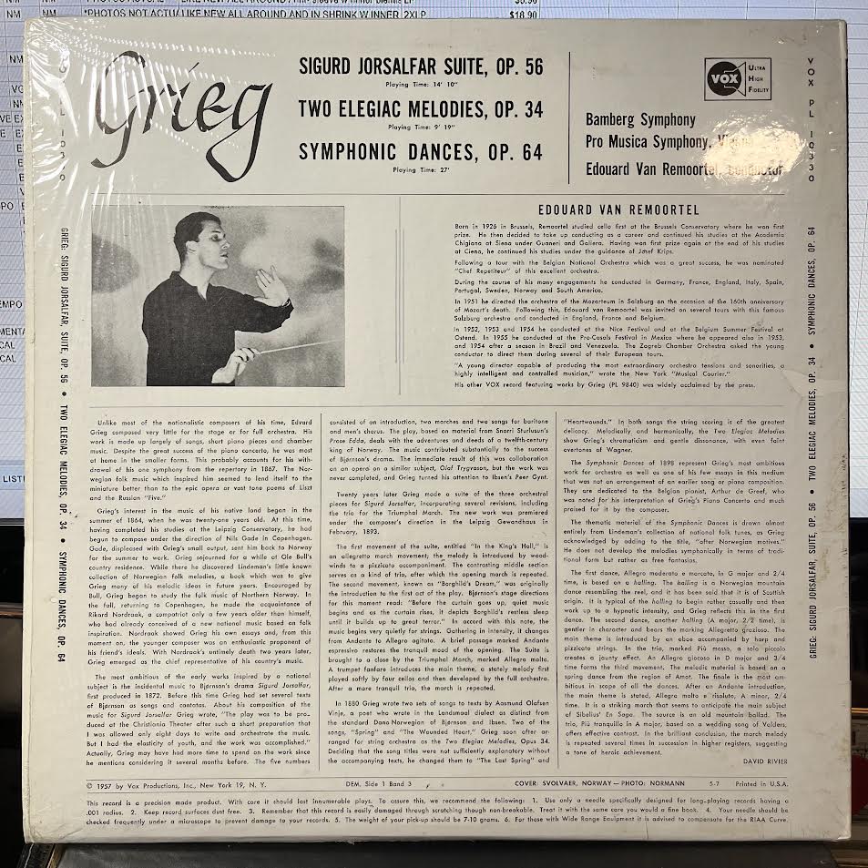 Edvard Grieg - Sigurd Jorsalfar Suite, Op. 56 | Two Elegiac Meolodies, Op. 34 | Symphonic Dances, Op. 64 (VINYL) | Near Mint (NM) Near Mint (NM)-