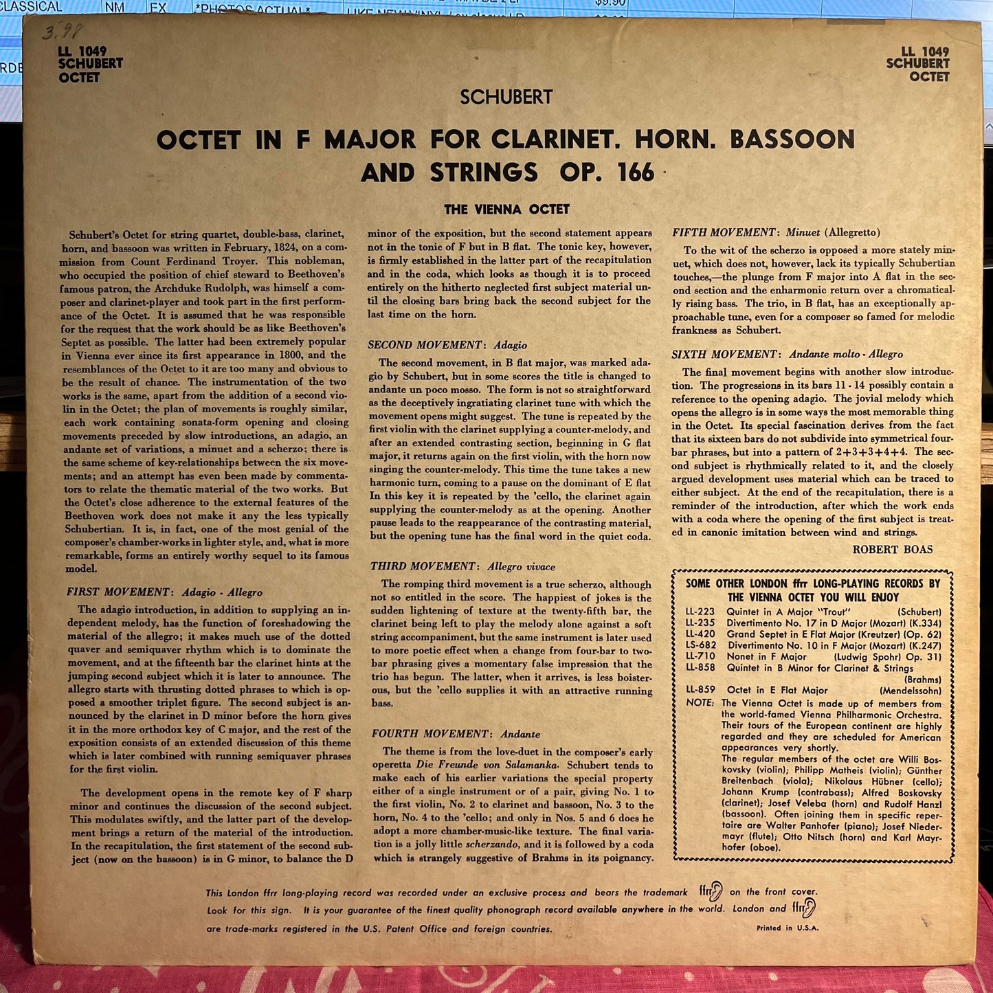Franz Schubert - Octet In F Major Opus 166 For Clarinet, Horn, Bassoon And Strings | Near Mint (NM) Excellent (EX)-