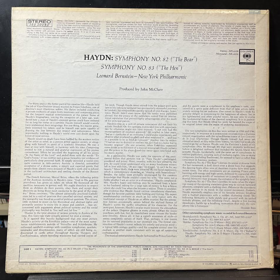 Joseph Haydn - Symphony No. 82 "The Bear", Symphony No. 83 "The Hen" (VINYL) | Near Mint (NM) Excellent (EX)-