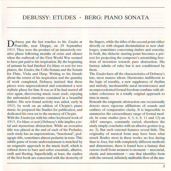 Claude Debussy - Debussy: 12 Etudes / Berg: Sonate Op. 1 (CD) | Near Mint (NM)-